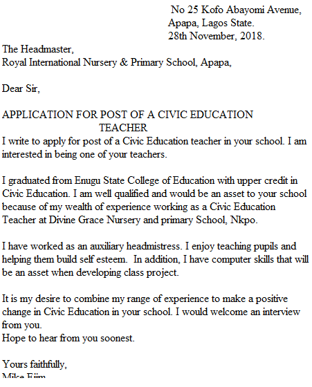 example of teaching application letter in tanzania