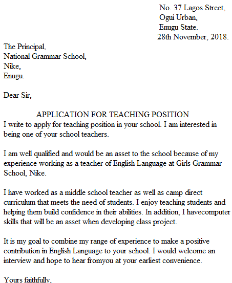 write an application letter for teaching