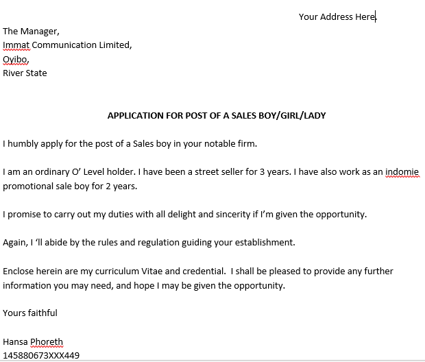 application letter for sales girl in a hotel without experience