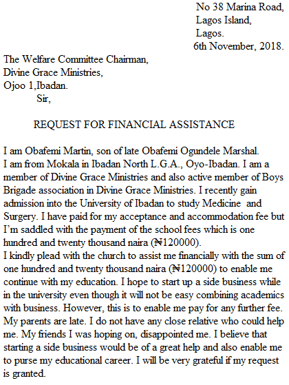 Letter for Financial Assistance for Education