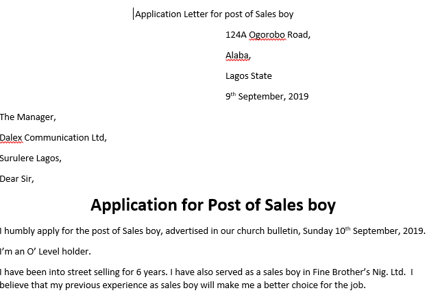 example of an application letter for sales boy