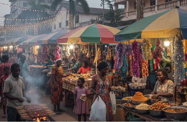 A busy Nigerian Christmas market scene with people shopping, eating, and celebrating during the festive season.