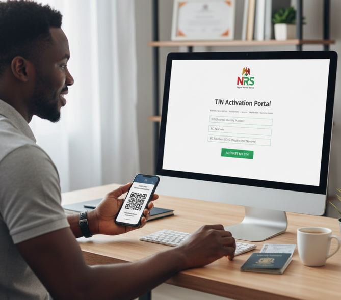 Step-by-step screenshot of the Nigeria TIN activation portal showing the NRS verification interface.